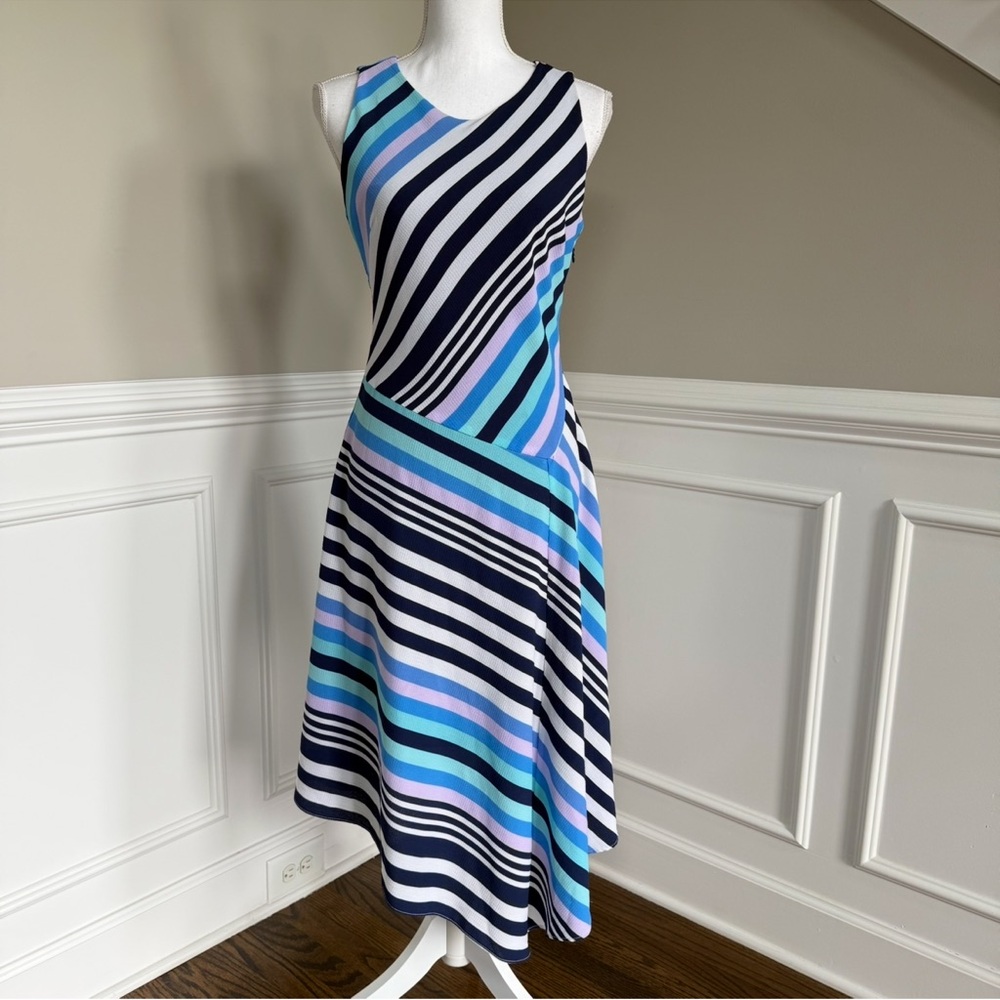 Nicole Miller Studio Striped Sleeveless Dress - Blue and Black Asymmetrical 4